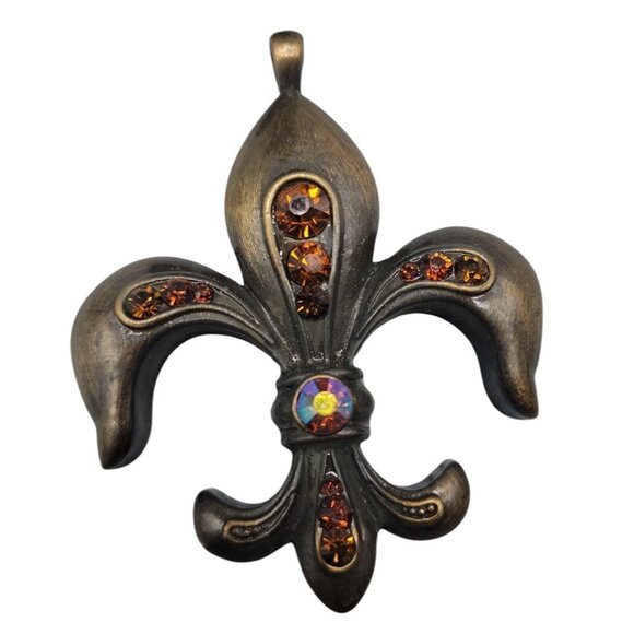 Large Brass Rhinestone Fleur-de-lis Pendant Heavy Runway Style Royal Vintage - Picture 1 of 10